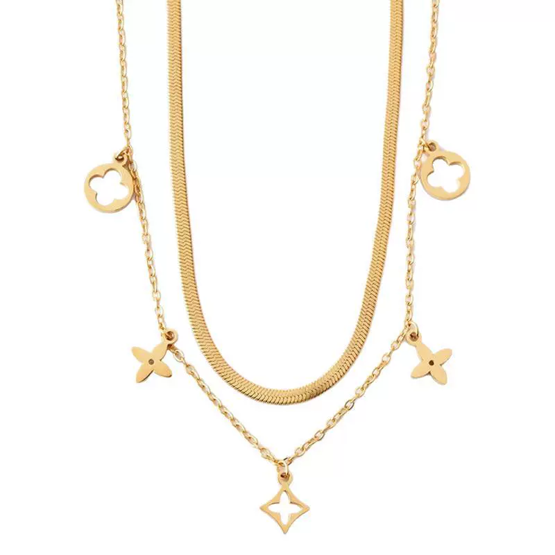 Double-Layer Flat Snake Collarbone Chain Necklace with Irregular Four-Leaf Flower Pendant - Image 4